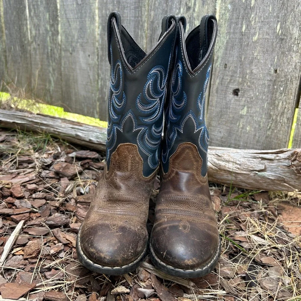 Cody James Western Cowboy Boots Brown Blue Flame Stitching Pull-On Size 1 - Picture 2 of 8